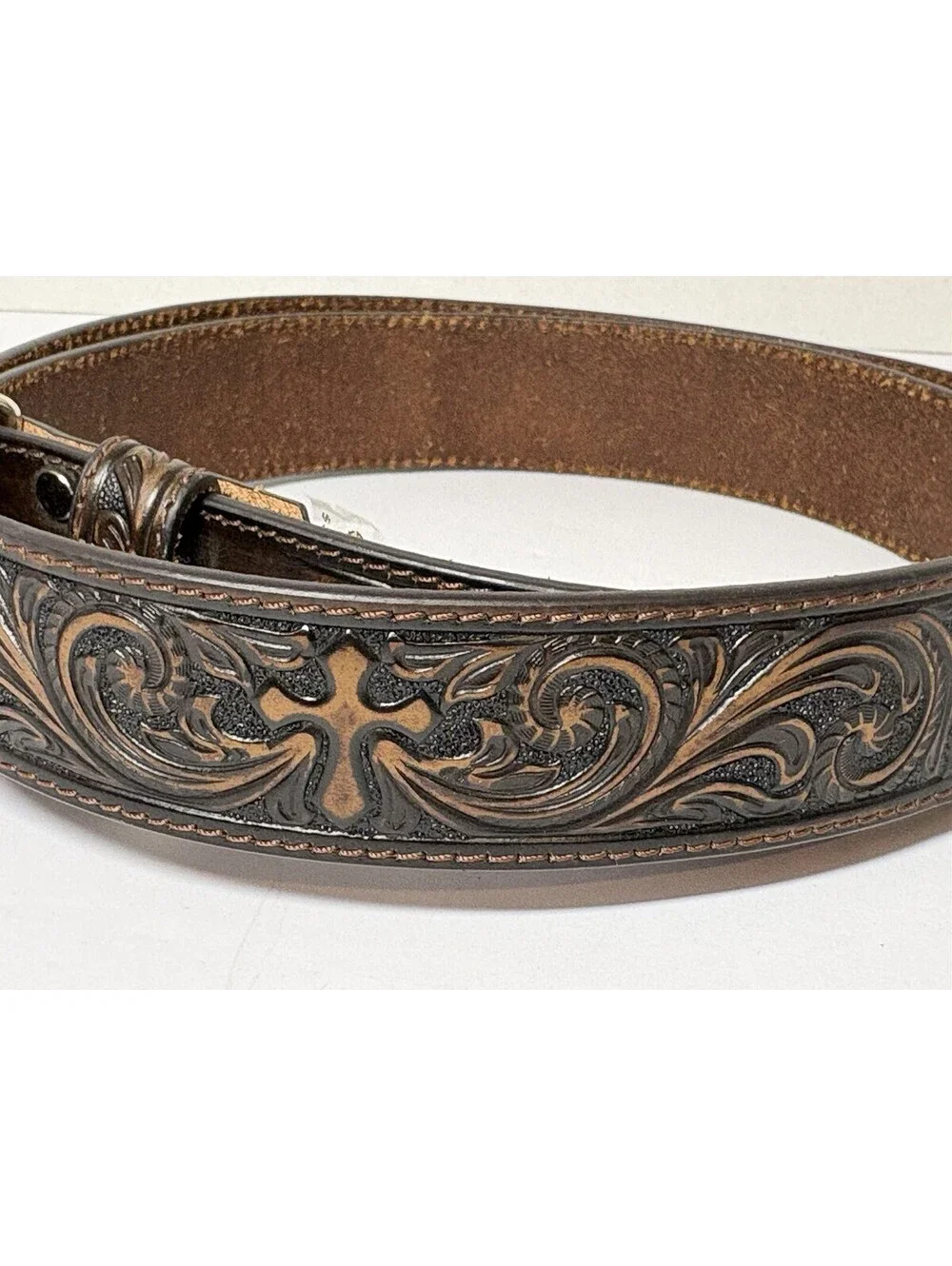 Nocona Women's Leather Belt Size XL Brown Tooled Floral And Cross Western